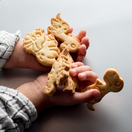 Childrens hands hold cookies dinosaur shaped cookies.の写真素材