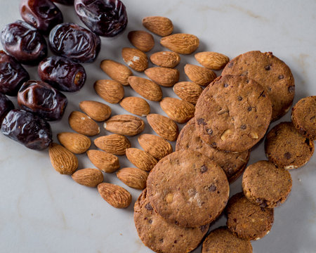 Dried fruits and nuts, homemade cookies.の写真素材