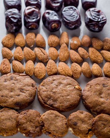 Dried fruits and nuts, homemade cookies.の写真素材