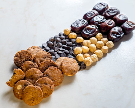 Dried fruits and nuts, homemade cookies.の写真素材
