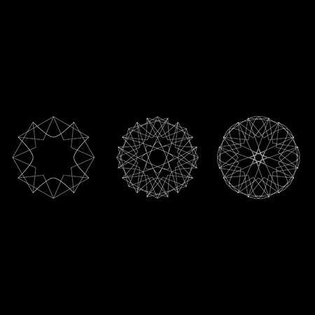 Symbols and symmetrical geometric pattern, fractal, pentagram, icon rune on black background.のイラスト素材