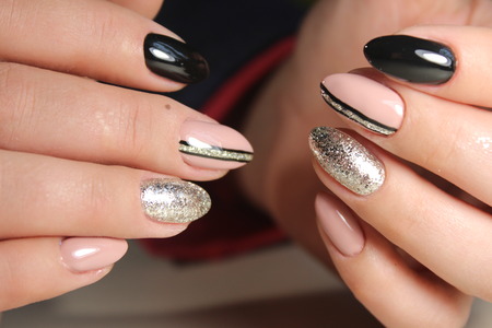 Best nails black and coffee color with abstractionの写真素材