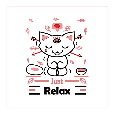 Cat funny poster, vector illustration. Cute animals, just relax. Wall decoration design for cat cafe. Beautiful print on clothes, card template with smiling cat.のイラスト素材