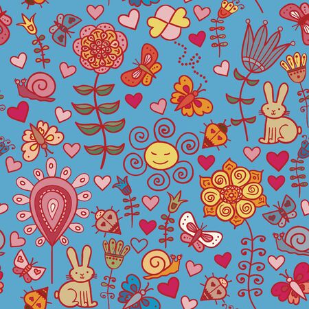 Cute colorful floral seamless pattern with rabbit, snail and butterflyのイラスト素材