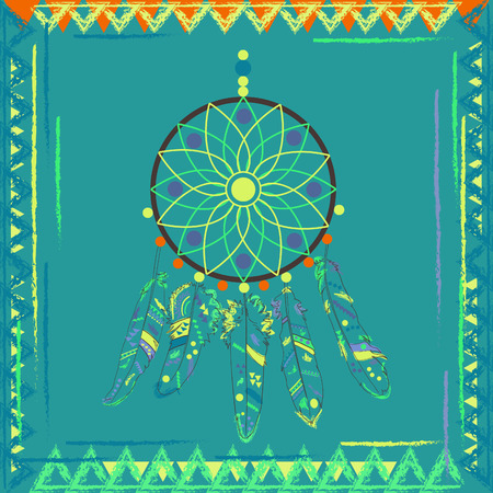 Follow your dream. Dream catcher on navajo pattern background. Vector illustration.のイラスト素材