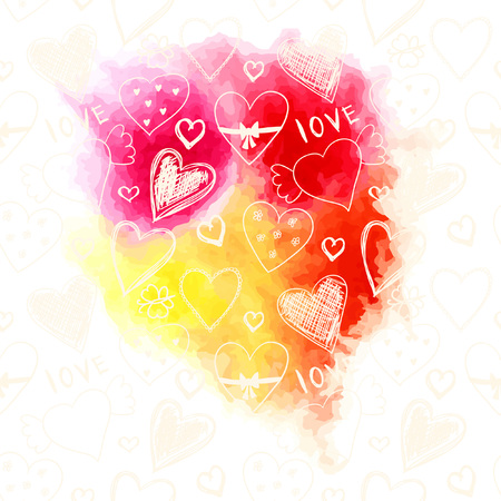 Watercolor splash with cute heart and flowers pattern. Vector illustration.のイラスト素材