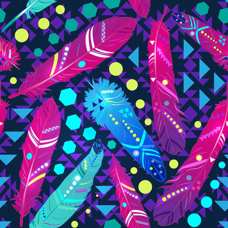 Seamless pattern with feathers in ethnic style, bright wallpaper. Vector illustration.のイラスト素材