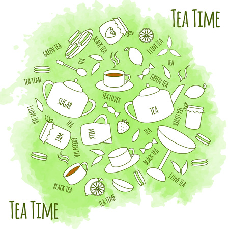 Tea time. Tea icons on watercolor background, vector illustration.のイラスト素材