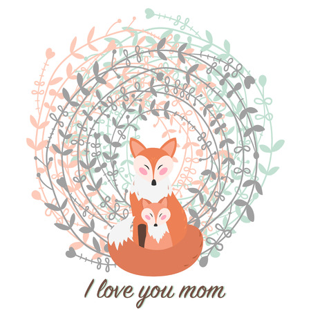 I love you mom. Greeting card for mothers day with cute red foxes.のイラスト素材