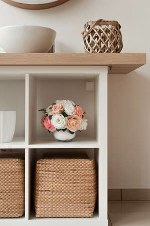 interior details, beautiful table top and flowers, storage systemの写真素材