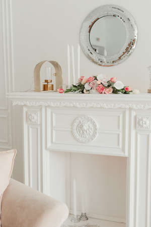 white table for indoor plants. fresh flowers in the interior.の写真素材