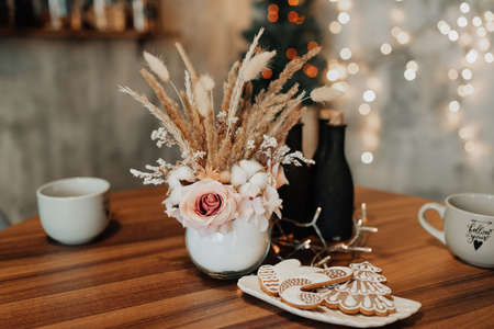 decoration of the new table. Beautiful new year and christmas. Giftsの写真素材