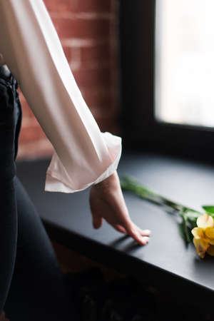 female hand and beautiful flower. Interior decoration. Decorの写真素材