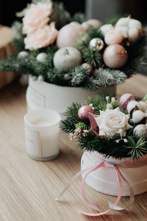 New Year's gift from artificial flowers. Beautiful christmasの写真素材