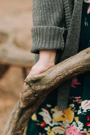 female hand touches a tree, forest in spring. abstractionの写真素材