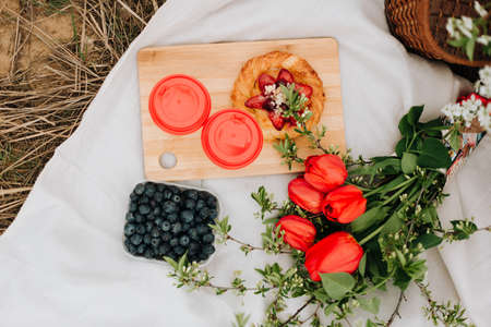 picnic on the grass, blueberries and flowers on a white blanket. Summerの写真素材