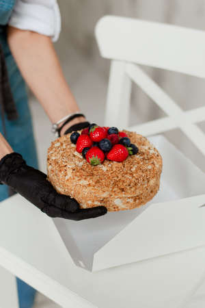 DIY sweet honey cake with fresh berries sweet foodの写真素材