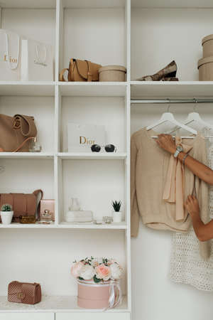 stylish minimalistic dressing room close-up with different thingsの写真素材