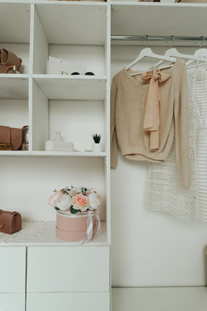 stylish minimalistic dressing room close-up with different things