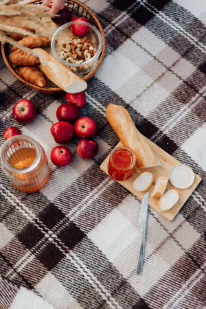 red apples baguette jam and nuts close-up on a plaid blanketの写真素材