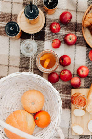 cozy autumn picnic close-up pumpkin red apples jam on a plaid blanketの写真素材