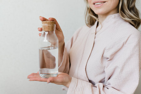 a girl in a pink robe holds a glass bottle with water in her hands natural cosmetics natural beauty