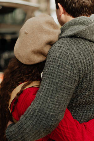 stylish man and woman hug each other autumn clothing autumn moodの写真素材