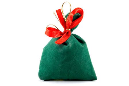 green Santas bag on the white backgroundの写真素材