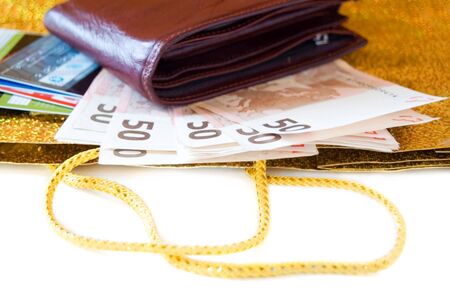 bag, card and money isolated 