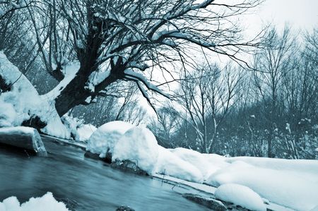 winter landscape with river and treesの写真素材