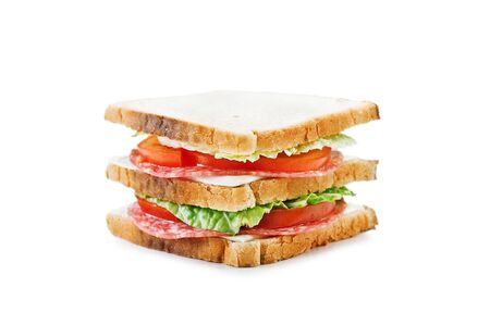 sandwich with salami isolated on white の写真素材