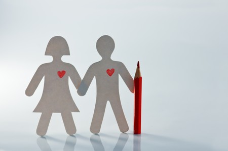 couple with drawing heart closeupの写真素材