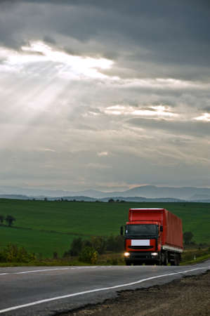 the red truck on roadの写真素材
