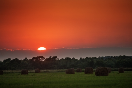 Dry hay bale on green meadowの写真素材