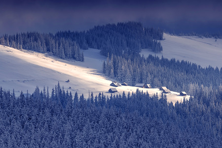 wooden house in winter forest