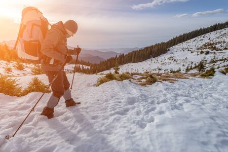 alone tourist in high mountainの写真素材