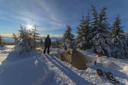tent in the high mountain on winter timeの写真素材