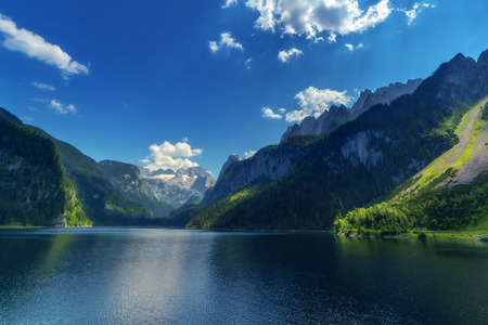 Fantastic morning on mountain lake Gosausee, located in the Austia. Dramatic unusual scene. Alps,...