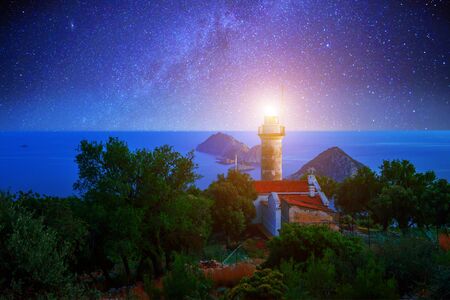 Lighthouse on Gelidonya cape in night timeの写真素材