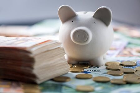 pig money box with cash closeupの写真素材