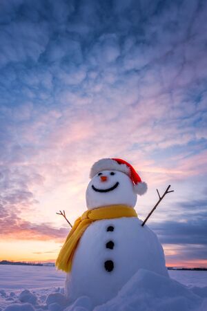 snowman on orange sunset backgroundの写真素材