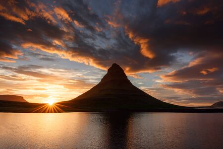 Colorful sunset on Snaefellsnes peninsula near Kirkjufell mountain, Iceland.の写真素材