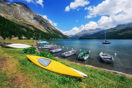 Amazing sunny day at Champferersee lake in the Swiss Alps. Silvaplana village, Switzerland, Europe.の写真素材
