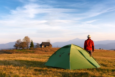 Tourist near his tentの写真素材