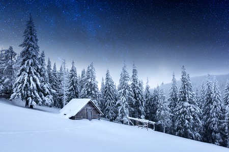 Night landscape glowing by milky wayの写真素材