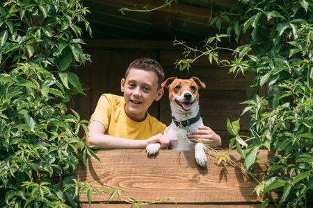 Smiling boy with dog on treehouse. Summer time! Childhood conceptの写真素材