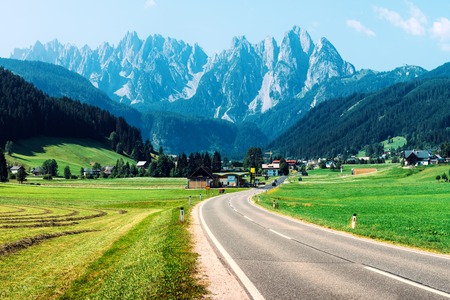 Highway in Gosau village at sunny day. Alps, Austria, Europe. Landscape photographyの写真素材