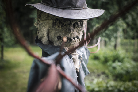 Scary scarecrow in a hat in garden in cloudy weather. Halloween conceptの写真素材