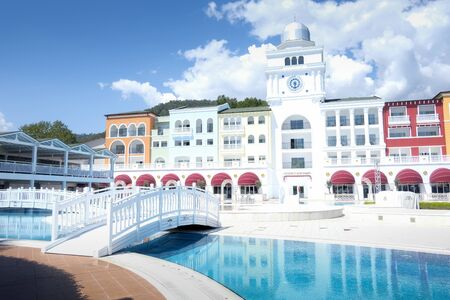 TEKIROVA TURKEY - MAY 05 2017: The popular resort Amara Dolce Vita Luxury Hotel. Type - all inclusive. Have pool, water park and recreational area along the Mediterranean seacoast. Tekirova-Kemerのeditorial素材