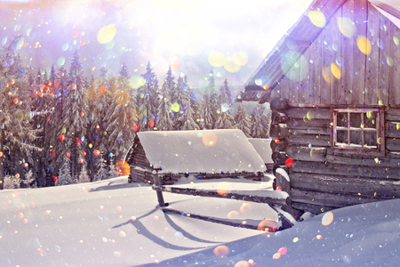 Fantastic orange winter landscape in snowy mountains glowing by sunlight.の写真素材